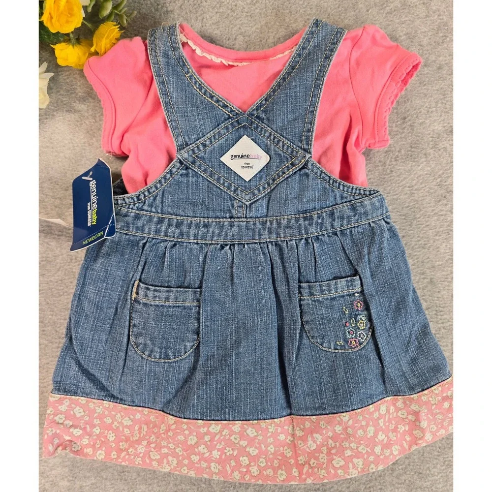 Genuine Baby OshKosh 6m Denim Jumper Dress Pink Bodysuit Floral Y2K Deadstock